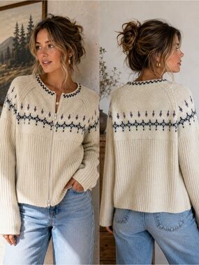 Vintage STO Petite Fair Isle Zip Up Sweater PM Ivory Wool Blend Nordic